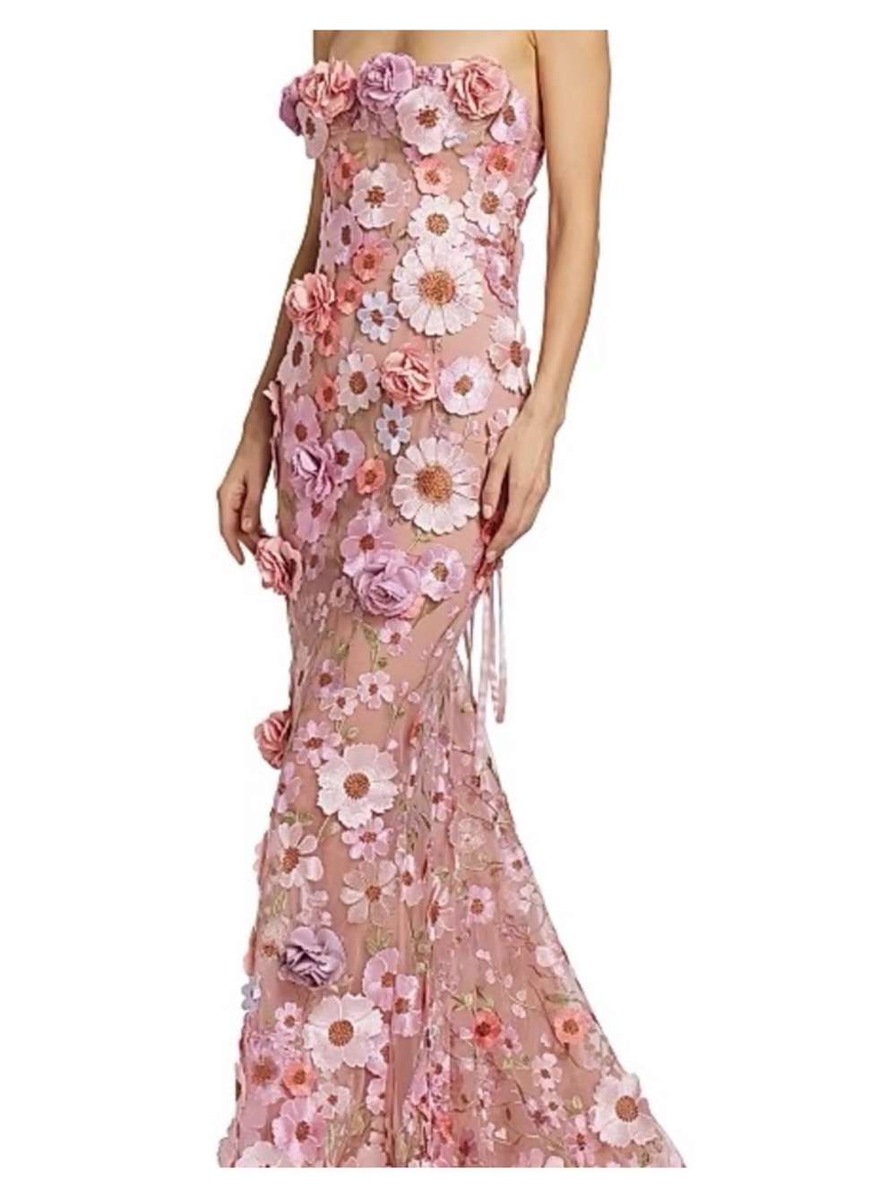 Bronx and Banco Pink Floral Strapless Mesh Gown